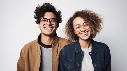 smiling young pair with glasses sharing a joyful moment, useful for advertising eyewear or casual fashion, ai generated - Powered by Adobe