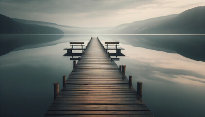 Benches of Solitude on a Tranquil Pier