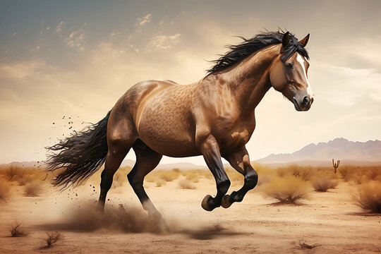 A wild horse running free in the desert.