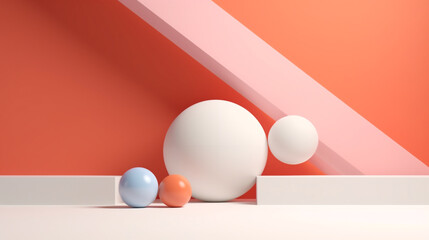 minimalist background with 3d geometric and ball style layout and copy space on orange background