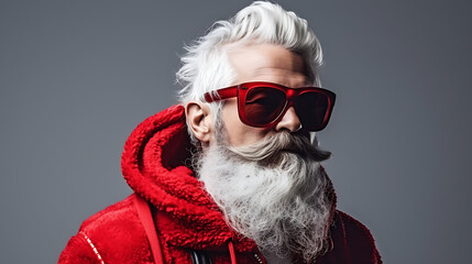 hipster Santa Claus wearing sunglasses on white background