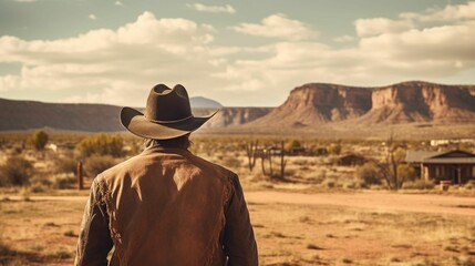 a person with a cowboy hat and jacket standing in the dirt