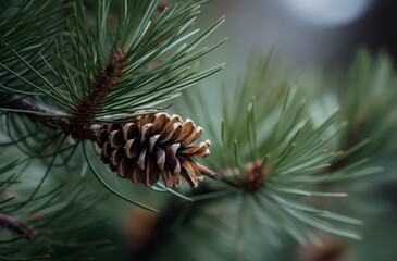 Closeup photo of pine branch cone. Natural forest flora evergreen conifer tree. Generate ai