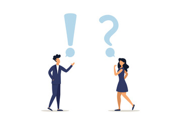 Brainstorming or quiz concept, businessman and woman asking and answering questions. Illustration	