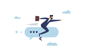 Conversation or communication of an idea concept. Effective communication for business leader, sending message, announcement or dialogue to achieve success, cheerful businessman riding on speech bubbl