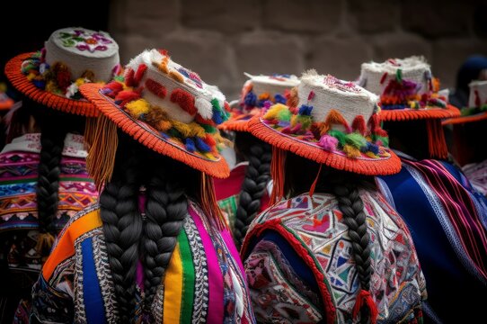 Traditional Peruvian pilgrimage colorful crowd. Vibrant multicolored clothes at religious Peru festival. Generate ai