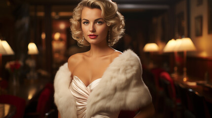 A portrayal of iconic 1950s Hollywood glamour with a starlet in an elegant gown and furs, reminiscent of the red carpet fashion of the era - obrazy, fototapety, plakaty