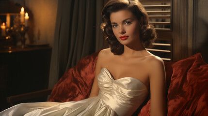A portrayal of iconic 1950s Hollywood glamour with a starlet in an elegant gown and furs, reminiscent of the red carpet fashion of the era © Nataliya