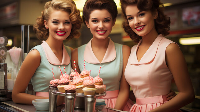 A scene from a 1950s diner with waitresses in their classic pastel uniforms, demonstrating the soda fountain culture and fashion of the time