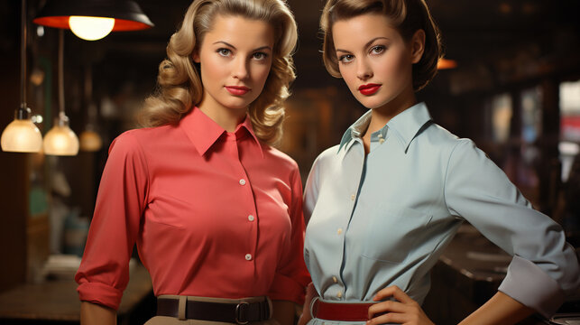 A glimpse into 1950s workwear fashion with images of mechanics, construction workers, and waitresses in their respective uniforms, portraying the professional style of the time