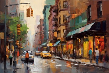 Fototapeta na wymiar Digital painting of a street in New York City, USA. Urban scene.