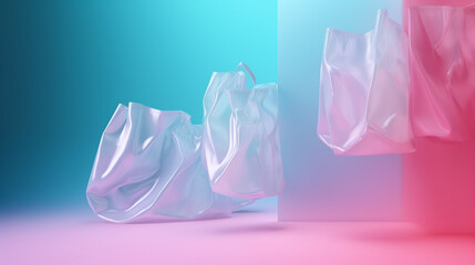 plastic bag waste on blue pink background with copy space - obrazy, fototapety, plakaty