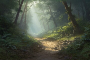 Artwork depicting a journey along a mysterious woodland trail. Generative AI
