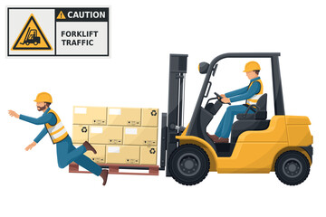 Industrial worker driving a forklift in an accident to a worker. Danger and caution sign for forklift traffic. Work accident in a warehouse. Security First. Industrial Safety and Occupational Health - obrazy, fototapety, plakaty