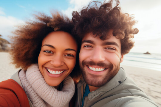 interacial couple pose for a selfie photo. , beach background,