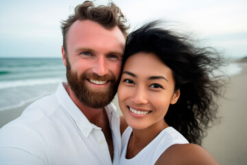 interacial couple pose for a selfie photo. , beach background,