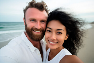 Fototapeta premium interacial couple pose for a selfie photo. , beach background,