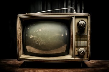 Creepy vintage antique tv. Fear and horror television with mystic dark light. Generate ai