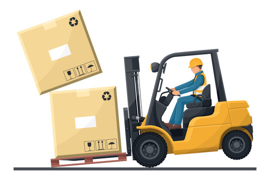 Dangers of driving a forklift. Industrial worker in an accident with boxes falling on the fork lift truck. Work accident in a warehouse. Security First. Industrial Safety and Occupational Health