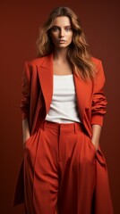 Fototapeta premium A clean and visually pleasing brand shoot, with a women's model in the spotlight, wearing stylish attire against an uncluttered solid background that emphasizes the fashion statement