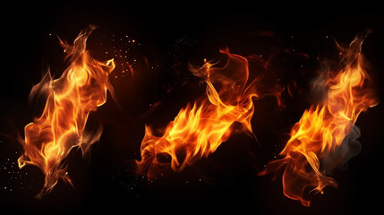 Set of burning fires of flames and sparks on black background.
