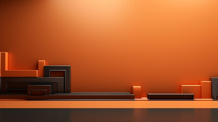 3D black podium display. Copy space orange background. Cosmetics or beauty product promotion mockup. Trendy minimalist banner, 3D render illustration.