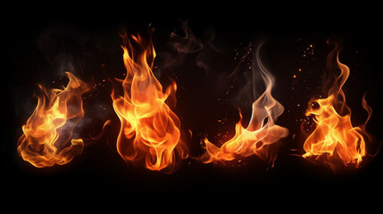Fototapeta premium Set of burning fires of flames and sparks on black background.