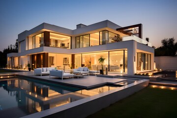 Fototapeta na wymiar Luxury modern house with swimming pool at night. Nobody inside
