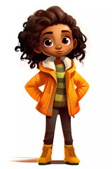 Cute Girl Dressed in Autumn Clothes. Happy cartoon dark skin character. Realistic colorful isolated illustration on white background.