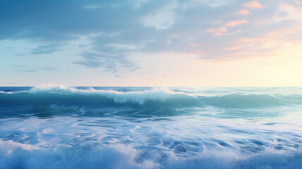 Naklejka na ściany i meble Ocean waves crashing on sandy beach. Panoramic beach landscape. Tropical beach surf.