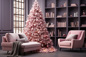 Pastel pink Christmas tree in big cozy living room with two chairs and bookshelves.