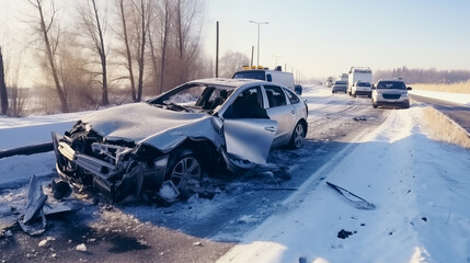 Traffic accident during the winter. Road accident and damaged car. Traffic collision while ice on the road.