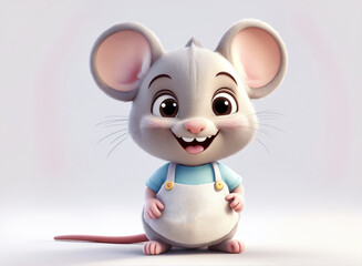 A 3d three-dimensional illustration of a cute baby mouse on white background portrayed as a lovable cartoon character