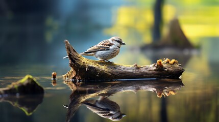 Un gorrión subido en un tronco flotando en el agua. Se ve el reflejo del pájaro en el agua - obrazy, fototapety, plakaty