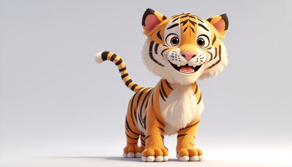 A charming 3D render of a tiger on white background in the form of an cute adorable and lovable cartoon character