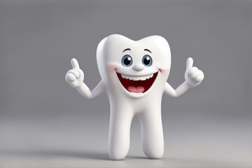 A charming 3D render of a tooth on white background in the form of an cute adorable and lovable cartoon character