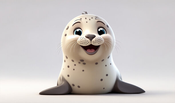 A charming 3D render of a baby seal on white background in the form of an cute adorable and lovable cartoon character
