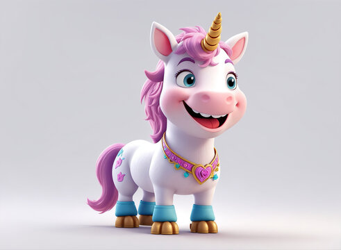 A charming 3D render of a baby unicorn on white background in the form of an cute adorable and lovable fantasy cartoon character
