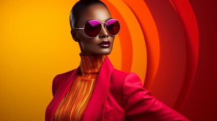 A striking image featuring a women's model in a brand shoot, with a vibrant outfit that pops against a sleek and uncomplicated solid background, allowing the clothing to take center stage - obrazy, fototapety, plakaty