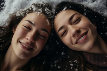 Chicas y chicos jóvenes disfrutando de un día de nieve en la montaña en vacaciones de invierno. - obrazy, fototapety, plakaty
