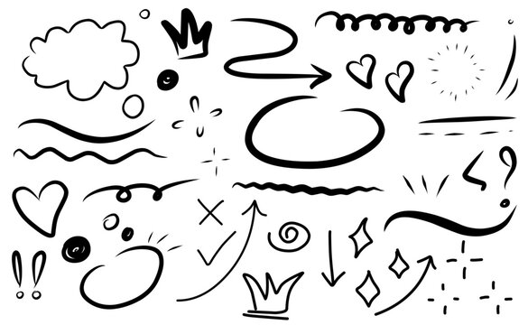 Sketch underline, emphasis, line shape set. Hand drawn swirl swoosh, love, speech bubble, underline element. Vector illustration.
