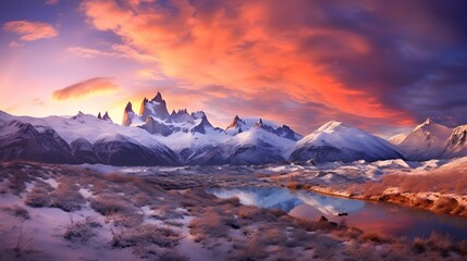 Mountain panoramic landscape. Panorama of snowy mountains at sunset