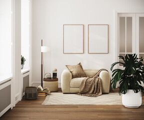 mock up poster frames in modern interior background, living room, Scandinavian style