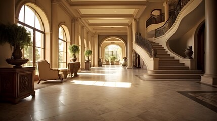 Luxury hotel lobby interior with marble floor, panoramic view - obrazy, fototapety, plakaty