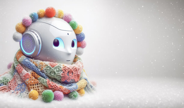 Robot wearing a scarf and colorful candies pompons in the snow background with copy space.