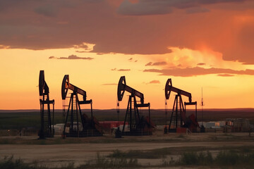 Fototapeta premium Oil pumps mined oil and gas at sunset generative ai