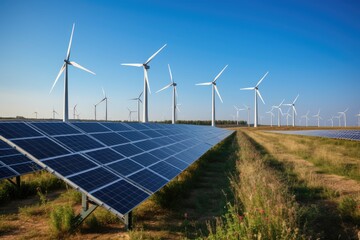 Creating sustainable energy using solar panels and wind farms is enterprise friendly. The concept of clean and sustainable development. Generative AI