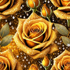 seamless pattern - fabulous golden roses with petals under raindrops, created using artificial intelligence.
