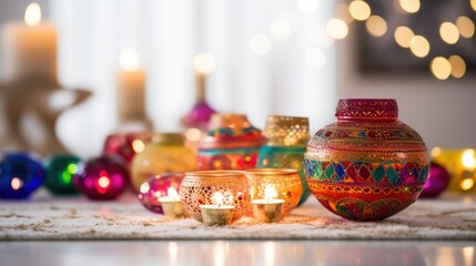 Diwali Deepavali craft handmade ideas, DIY candle lights at home. Happy Diwali background, web banner. Diwali Hindu festival of lights celebration. Colorful traditional Diwali DIY Projects