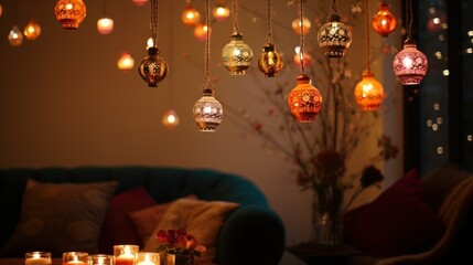 Diwali home decoration ideas. Diwali Deepavali festive colorful bright home decor with traditional combination of lights, diyas, rangoli, flowers, urlis,